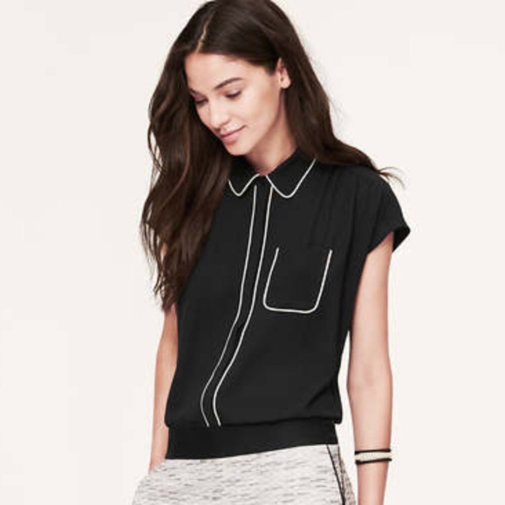 LOFT Black Short-Sleeve Blouse with White Piping